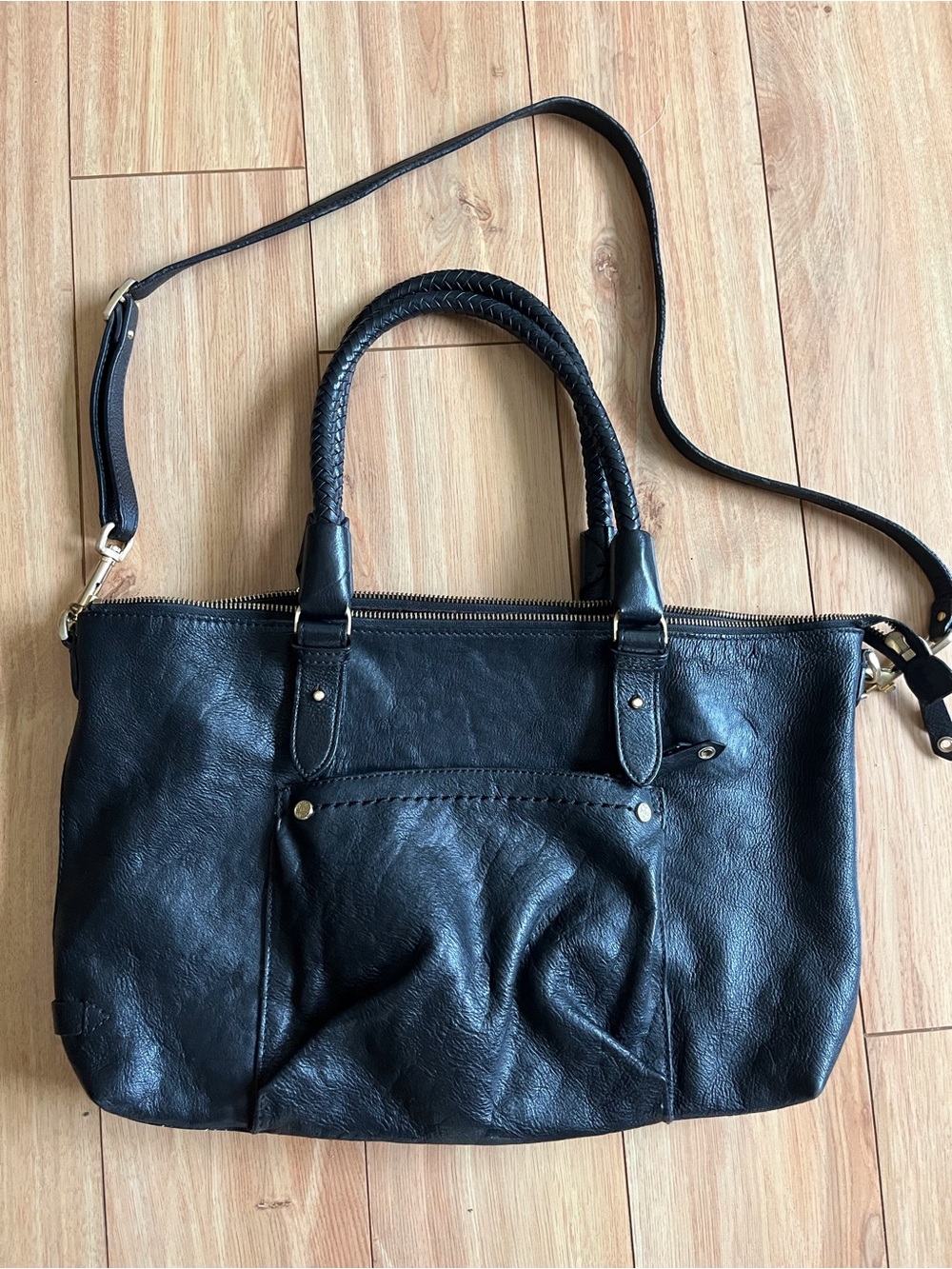 Cole Haan Black Leather Shoulder Tote with Braided Handles